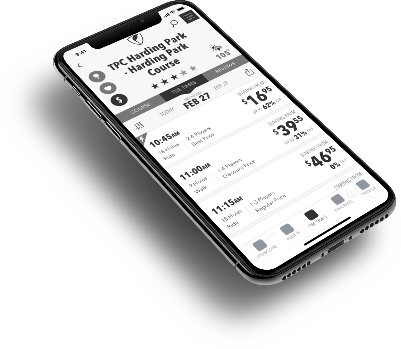Supreme Golf native app redesign 2017 wireframe.